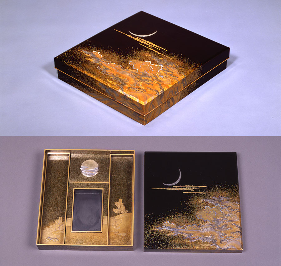 Writing box with design of the moon and waves in maki-e, by Shimizu Kuhei 17th century, Edo period, Japan